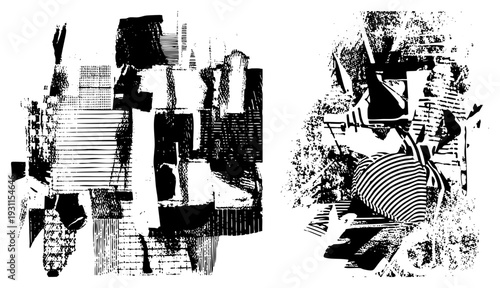 Black and white abstract composition with halftone, angular shapes, graphic design elements, stylized forms, vector illustration, isolated art piece.