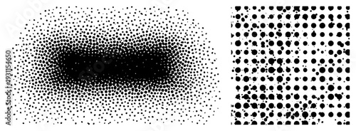 Black halftone dots forming gradient oval and grid, vector graphic for design, typography, or texture, isolated foreground, no background.