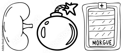 Hand drawn medical doodles kidney organ, time bomb, morgue clipboard. Sketch style for health, danger, death, or anatomy. Simple art, isolated elements.