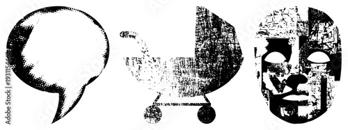 Vector halftone graphic trio featuring speech bubble, shopping cart, and tribal mask, rendered in gritty black and white with noise texture, ideal for UI, print, or digital design.