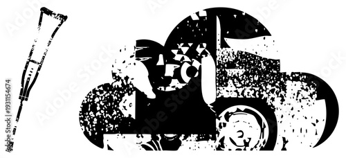 Distressed classic automobile with cane style crutch beside it, stylized vector art, halftone texture, retro graphic design, mobility aid juxtaposition.