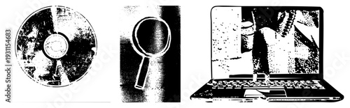 Retro CD disc, magnifying glass tool, laptop computer with screen, halftone print style, digital, tech nostalgia, vector graphic.
