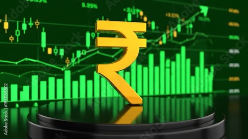 Gold currency symbol atop a stage with financial charts in the background