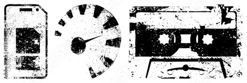 Retro tech symbols with gritty texture SIM card, speedometer gauge, cassette tape stylized vector, nostalgic digital era artifacts.