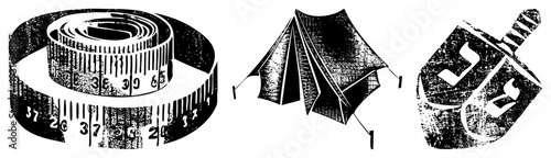 Classic measuring tape coiled with inch markings, pitched camping tent, dreidel with Hebrew letters symbolic holiday item, flat vector illustrations, halftone texture.