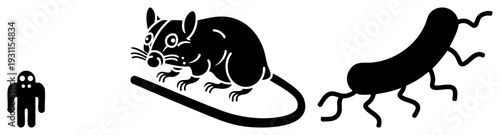 Stylized black vector of a ghost, mouse, and centipede, minimalist silhouette design, isolated foreground elements, flat graphic style, pest control or horror theme.