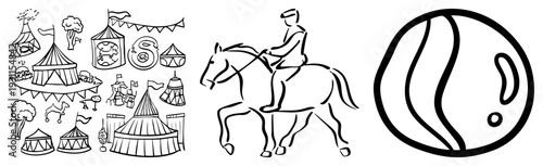 Hand drawn circus elements including tents, flags, and animals, rider on horse, abstract question mark all vector, ideal for branding or illustrations.