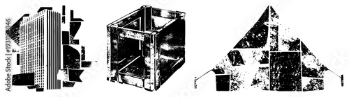 Fragmented architectural forms rendered in stark black and white, deconstructed urban structures, geometric cubist cityscape, modernist building silhouettes, graphic design elements.