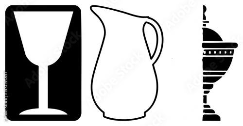 Stylized glass, pitcher, and goblet rendered as clean black, modern graphic for drink related design, flat vector illustrations.