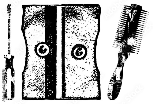 Classic pencil sharpener with two knobs, accompanied by screwdriver and comb, retro stationery tools, wood grain texture, black and white halftone style.