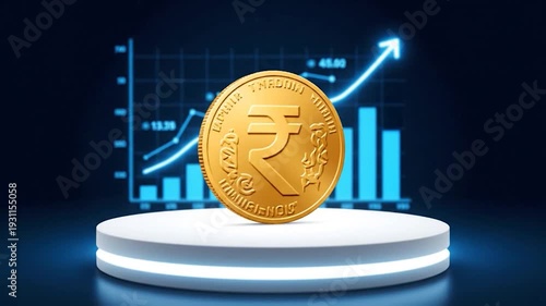 Golden coin on a glowing white platform, with a glowing blue chart in the background