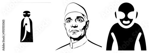 Minimalist vector figures stylized person with, detailed portrait, and masked avatar. Graphic design, flat style, symbolic human forms.