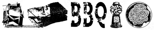 Fragmented geometric forms, stylized BBQ text, vintage gumball machine, noodle swirl, and urban sketch motifs rendered in stark vector design.