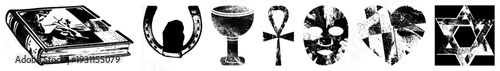 vector symbols sacred book, horseshoe,, ankh, mask, heart, Star of David isolated for design.