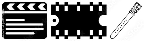 Movie production tools clapperboard, cinema ticket, film strip stylized black for, film industry, or entertainment design.
