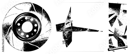 Vector graphic of fragmented angular forms, halftone dot, black and white composition, isolated geometric art, modern abstract design.