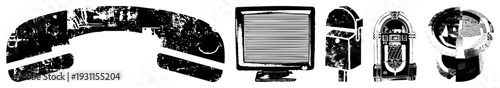 Retro TV, jukebox, telephone, and radio in distressed black and white vector art, nostalgic tech, analog devices, vintage visual equipment.