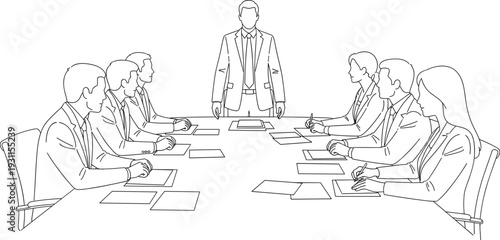 Business meeting with executives around conference table leader standing presenting strategy line art illustration isolated on white background
