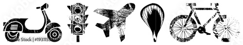 Stylized transport including scooter, traffic, airplane, balloon, bicycle,, urban mobility, transit symbols, travel vector.