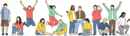 Diverse young people illustration set, casual youth poses and gestures, multicultural friends collection, modern flat cartoon character design