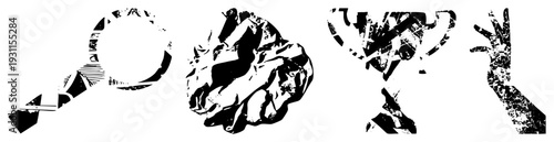 Black and white vector with distressed texture magnifier (search), crumpled paper (ideas), trophy (victory), raised hand (celebration/voting). Flat design grunge overlay.