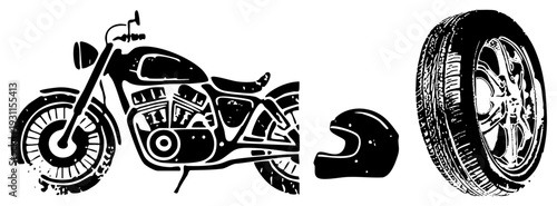 Vintage motorcycle illustration, rider helmet, alloy wheel, black and white vector art, gritty texture, biker gear, custom bike, street ride essentials.