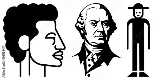 Graphic of diverse human forms afro profile, historical bust, simplified stick figure rendered in bold black. Vector art for design, branding, or UI elements.