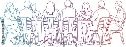 Continuous line art illustration of diverse business team sitting at table during meeting collaboration discussion rear view concept teamwork strategy planning