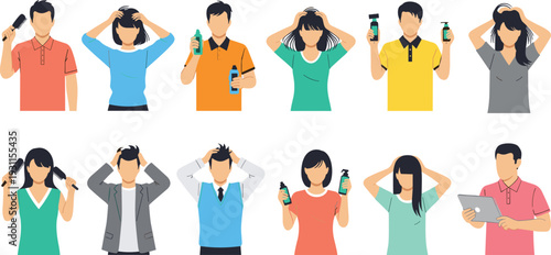 Hair care routine illustration set with men and women using shampoo spray comb styling products daily hygiene flat vector