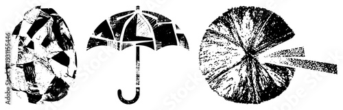 Black and white vector featuring egg, umbrella, and with halftone and scratchy textures, isolated design elements, graphic symbols, stylized nature motifs.