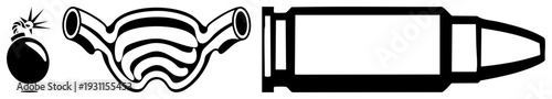 Black and white vector of a bomb with starburst, exhaust manifold with curved pipes, and bullet cartridge isolated symbols for industrial, military, or automotive themes.