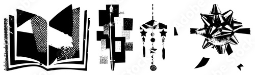 Black and white halftone vector open book with textured pages, fountain pen, hanging wind chime with stars, and bow tie. Minimalist design with fills and sharp.