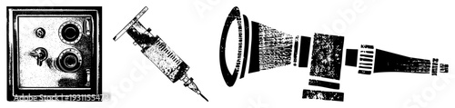 Black and white halftone vector secure safe, medical syringe, telescopic lens. Isolated foreground elements with gritty texture. Technical illustrations for design, UI, or educational use.