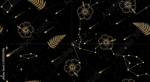 Golden floral constellations on black background with stars and shooting stars seamless pattern