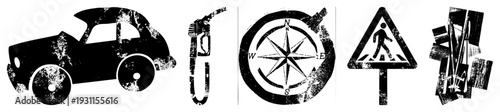 Distressed road sign including car, gas pump, compass,, and tools, rendered in gritty vector style with texture.