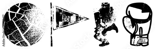 Four isolated vector cracked planet, tattered flag, fighter silhouette, retro glove gritty halftone style, stencil texture, urban grit aesthetic.