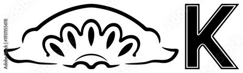 Decorative scalloped design beside uppercase K, vector art, graphic, isolated emblem, typography accent.