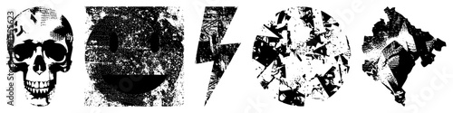 Distressed halftone including skull,, lightning bolt, broken circle, and abstract shape, perfect for edgy design or punk aesthetics.