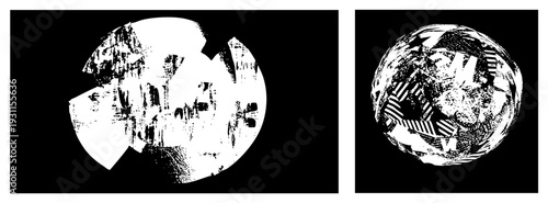 Distorted spherical forms with halftone textures, glitch art, digital distortion, vector abstraction, design, graphic art piece.