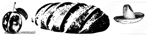 Classic halftone print style depicting plum with leaf, sliced bread loaf, and sombrero hat vector graphic, food and culture, retro aesthetic.