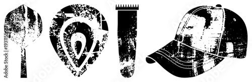 Distressed dart, compass, hair clip, baseball cap. Urban grit aesthetic, graphic symbols, streetwear, navigation, sport, vintage texture.