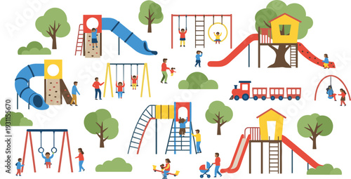 Kids playground illustration, children playing outdoor park activities, slides swings climbing frames, family leisure playground vector scene