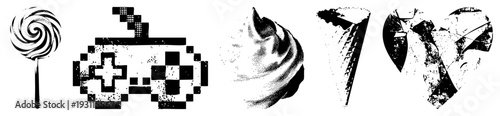 Retro pixel art game controller, swirl lollipop, whipped cream swirl, ice cream cone, heart shaped tie graphic, all isolated vector elements, black and white halftone style.