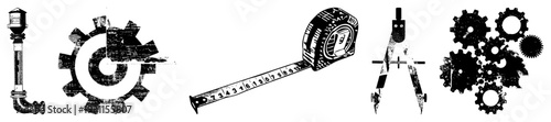 Engineering instruments including measuring tape, compass, gear assemblies, pipe fittings, and circular gear mechanisms for technical drafting and manufacturing.