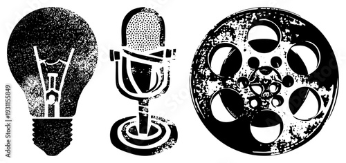 Retro creative symbols film reel, vintage mic, lightbulb, grungy halftone, artistic vector,, production, idea generation.
