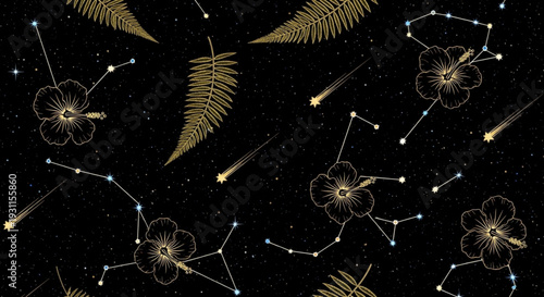 Gold floral constellation pattern with shooting stars on black background for luxury designs