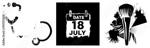 Medical stethoscope with textured, calendar page showing “18 July,” makeup brush with splatter art, all in vector style.