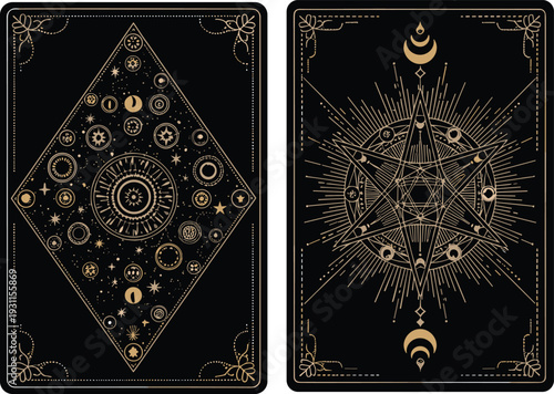 Mystical tarot card illustration set, celestial astrology symbols and sacred geometry, occult divination design, gold line art on black