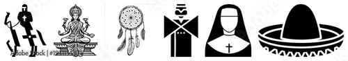 Vector of knight, Hindu goddess, dreamcatcher, totem pole, nun, sombrero stylized cultural symbols, flat design, isolated foreground.