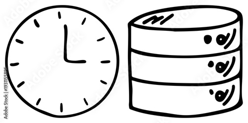 Cartoon style clock showing time, stacked database with eyes, vector sketch, digital storage concept, tech illustration.